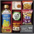 夏の贈り物お中元 食卓バラエティギフト 日清キャノーラ油（350g）・島の香のり佃煮（80g）・ニッスイ焼鮭ほぐし（50g）・丸美屋さけふりかけ（2袋）・アマノフーズ減塩いつものおみそ汁（なす）・宝幸