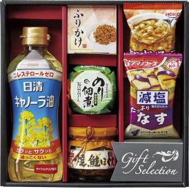 夏の贈り物お中元 食卓バラエティギフト 日清キャノーラ油（350g）・島の香のり佃煮（80g）・ニッスイ焼鮭ほぐし（50g）・丸美屋さけふりかけ（2袋）・アマノフーズ減塩いつものおみそ汁（なす）・宝幸