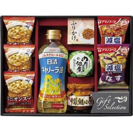 夏の贈り物お中元 食卓バラエティギフト 宝幸オニオンスープ×3、日清キャノーラ油（350g）・島の香のり佃煮（80g）・ニッスイ焼鮭ほぐし（50g）・丸美屋さけふりかけ（2袋）・アマノフーズ減塩いつも