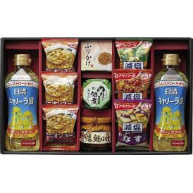 夏の贈り物お中元 食卓バラエティギフト 宝幸オニオンスープ×3、日清キャノーラ油（350g）×2、島の香のり佃煮（80g）・ニッスイ焼鮭ほぐし（50g）・丸美屋さけふりかけ（2袋）・アマノフーズ減塩い