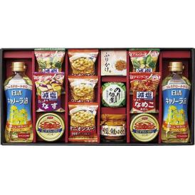 夏の贈り物お中元 食卓バラエティギフト 宝幸オニオンスープ×3、日清キャノーラ油（350g）・ニッスイ紅ずわいがにほぐし身（55g）・アマノフーズ減塩いつものおみそ汁（ほうれん草）×各2、島の香のり佃