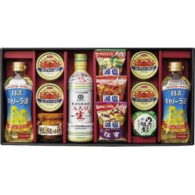 夏の贈り物お中元 食卓バラエティギフト ニッスイ紅ずわいがにほぐし身（55g）×4、日清キャノーラ油（350g）×2、キッコーマン塩分ひかえめ丸大豆生しょうゆ（450ml）・島の香のり佃煮（80g）・