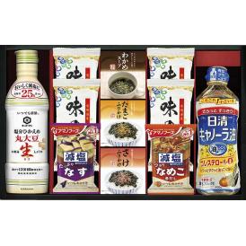 春の贈り物 キッコーマン＆アマノフーズ＆日清オイリオ バラエティセット 有明海産味のり（8切5枚）×4、キッコーマン塩分ひかえめ丸大豆生しょうゆ（450ml）・日清キャノーラ油（400g）・アマ