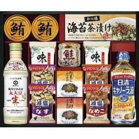 夏の贈り物お中元 キッコーマン＆アマノフーズ＆日清オイリオ バラエティセット まぐろ油漬け（70g）・アマノフーズ減塩いつものおみそ汁なす（9g）・アマノフーズ減塩いつものおみそ汁なめこ（8g）・有明