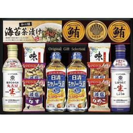 夏の贈り物お中元 キッコーマン＆アマノフーズ＆日清オイリオ バラエティセット 日清キャノーラ油（400g）・まぐろ油漬け（70g）・アマノフーズ減塩いつものおみそ汁なす（9g）・アマノフーズ減塩いつも