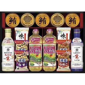 夏の贈り物お中元 キッコーマン＆アマノフーズ＆日清オイリオ バラエティセット まぐろ油漬け（70g）×3､日清ヘルシーベジオイル（600g）・宝幸貝柱水煮ほぐし身（65g）・アマノフーズ減塩いつものお
