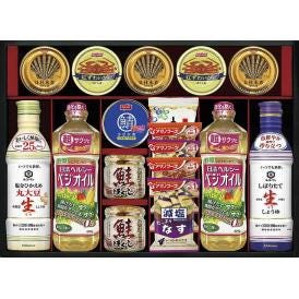 夏の贈り物お中元 キッコーマン＆アマノフーズ＆日清オイリオ バラエティセット 宝幸貝柱水煮ほぐし身（65g）×3、日清ヘルシーベジオイル（600g）・ニッスイ紅ずわいがにほぐし身（55g）・鮭ほぐし（