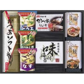 夏の贈り物お中元 アマノフリーズドライみそ汁＆食卓詰合せ アマノとうふおみそ汁（10g）・アマノなすおみそ汁（9.5g）・マルトモかつおだしの素（8g×3袋）・アマノほうれん草おみそ汁（7g）・鮭茶漬