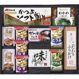 夏の贈り物お中元 アマノフリーズドライみそ汁＆食卓詰合せ アマノなすおみそ汁（9.5g）×3、アマノとうふおみそ汁（10g）・マルトモかつおだしの素（8g×3袋）・アマノほうれん草おみそ汁（7g）・こ