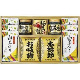 夏の贈り物お中元 和之彩膳 詰合せ 白子のり味のり（8切5枚入）×6、焼きのり入佃煮（85g）・紅ずわいがにほぐし身（55g）・塩昆布（18g）・枕崎産本枯節（2.5g×2袋）・松茸風味お吸い物（2.