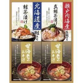 夏の贈り物お中元 海の幸詰合せ 甘海老のみそ汁（7.5g×3袋）×2、瀬戸内海産真鯛茶漬け（5.1g×3袋）・北海道産鮭茶漬け（4g×3袋）×各1