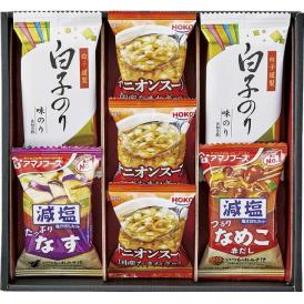 夏の贈り物お中元 アマノフーズおみそ汁・オニオンスープ・白子のり 宝幸オニオンスープ×3、白子のり味のり（8切5枚）×2、アマノフーズ減塩いつものおみそ汁（なす・なめこ）×各1