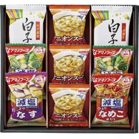 夏の贈り物お中元 アマノフーズおみそ汁・オニオンスープ・白子のり 宝幸オニオンスープ×3、アマノフーズ減塩いつものおみそ汁（ほうれん草）・白子のり味のり（8切5枚）×各2、アマノフーズ減塩いつものおみ