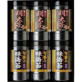 夏の贈り物お中元 食卓のやまや 博多辛子明太子味海苔＆旬摘み味海苔セット 有明海産旬摘み味海苔6袋詰（8切4枚）・食卓のやまや 博多辛子明太子味海苔（8切24枚）×各3