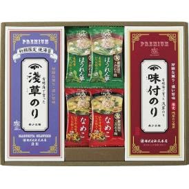夏の贈り物お中元 浅草のり詰合せ マルトモフリーズドライ味噌汁ほうれん草（7.5g）・マルトモフリーズドライ味噌汁なめこ（5.9g）×各2、浅草焼のり（半切5枚）・浅草味付のり（8切8枚×3袋）×各1