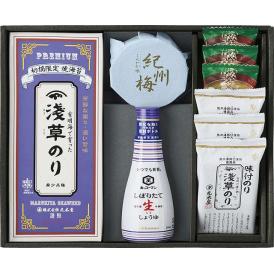 夏の贈り物お中元 浅草のり詰合せ 浅草味付のり（8切8枚）・マルトモフリーズドライ味噌汁ほうれん草（7.5g）×各3、浅草焼のり（半切5枚×2袋）・キッコーマンしぼりたて生しょうゆ（200ml）・紀州