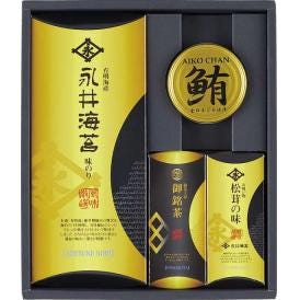 夏の贈り物お中元 永井海苔 味付海苔と彩り詰合せ 永井味付海苔（8切6枚×3袋）・永井お吸い物（2袋）・鮪油漬フレーク（70g）・深蒸し茶（40g）×各1