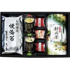 夏の贈り物お中元 静岡茶・焼海苔・梅・味噌汁詰合せ 紀州南高梅×3、静岡茶（100g）・有明海産焼海苔（3切5枚×2袋）・フリーズドライ味噌汁（野菜・長ねぎ）×各1
