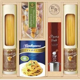 夏の贈り物お中元 味わいソースで食べるパスタセット 彩食ファクトリー スパゲティ（130g）×2、パスタソース（カルボナーラ2人前）（250g）・パスタソルト（100g）・自然色パスタコンキリエ（プレ