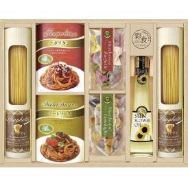 夏の贈り物お中元 味わいソースで食べるパスタセット 彩食ファクトリー スパゲティ（130g）×2、パスタソース（ナポリタン・ミートソース各2人前）（各250g）・ひまわり油（110g）・自然色パスタコ