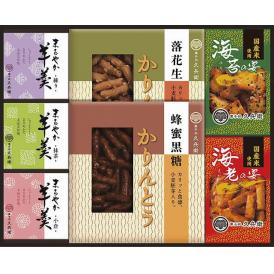 夏の贈り物お中元 かりんとう・あられ・羊かん詰合せ 羊かん（抹茶・練り・小倉）（各60g）・かりんとう（蜂蜜黒糖・落花生）（各40g）・あられ（海老・海苔）（各12g）×各1