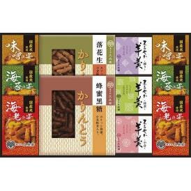 夏の贈り物お中元 かりんとう・あられ・羊かん詰合せ あられ（海老・海苔・味噌）（各12g）×各2、羊かん（抹茶・練り・小倉）（各60g）・かりんとう（蜂蜜黒糖・落花生）（各40g）×各1