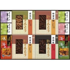 夏の贈り物お中元 かりんとう・あられ・羊かん詰合せ 羊かん（抹茶）（60g）・蜂蜜黒糖かりんとう（40g）・あられ（海老）（12g）×各2、羊かん（練り・小倉）（各60g）・かりんとう（黒胡麻・落花生