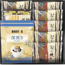 夏の贈り物お中元 ドトールコーヒー＆どら焼き 詰合せ どら焼き（粒あん・八女抹茶あん）×各3、ドトールドリップコーヒー（7g）×2、欧風ヴァッフェル×1