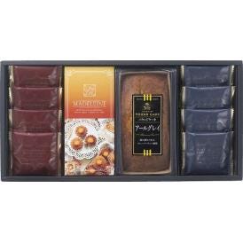 夏の贈り物お中元 スィートバスケット 焼き菓子バラエティ詰合せ ワッフルクッキー（ホワイトショコラ・いちご）×各4、パウンドケーキ（アールグレイ）・マドレーヌ（ミルク）（2個）×各1