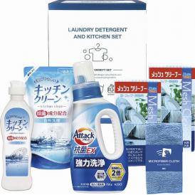 夏の贈り物お中元 アタック＆バラエティセット メッシュクリーナー（中国）×2、花王アタック抗菌EX（750g）・キッチンクリーン（250ml）・キッチンクリーン詰替用（200ml）・マイクロファイバー