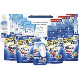 夏の贈り物お中元 アタック＆バラエティセット 花王アタック抗菌EX詰替用（590g）・キッチンクリーン詰替用（200ml）×各4、マイクロファイバークロス（中国）（20×20cm）・メッシュクリーナー