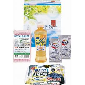 夏の贈り物お中元 ギフト・ナチュラルクリーン 花王アタックZEROワンパック（10g）×2、オレンジマイルドコンパクト（270ml）・クリンクル油よごれおそうじシート（20枚入）・ネットクリーナー（中