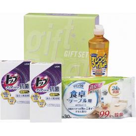 夏の贈り物お中元 クリーンランドリー＆キッチンセット ライオントップクリアリキッド抗菌（25g×2袋）×2、オレンジマイルドコンパクト（270ml）・クリンクル食卓テーブル用シート（30枚入）×各1