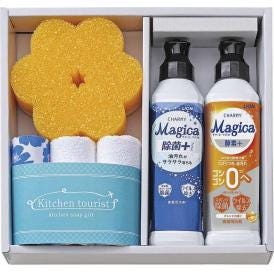 夏の贈り物お中元 キッチンソープギフト キッチンツーリスト マイクロファイバークロス（中国）(25×25cm)×2、チャーミーマジカ（除菌プラス・オレンジの香り）(各220ml)・プリント手ぬぐいハン