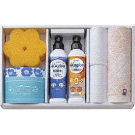 夏の贈り物お中元 キッチンソープギフト キッチンツーリスト マイクロファイバークロス（中国）(25×25cm)×2、チャーミーマジカ（除菌プラス・オレンジの香り）(各220ml)・今治ウォッシュタオル
