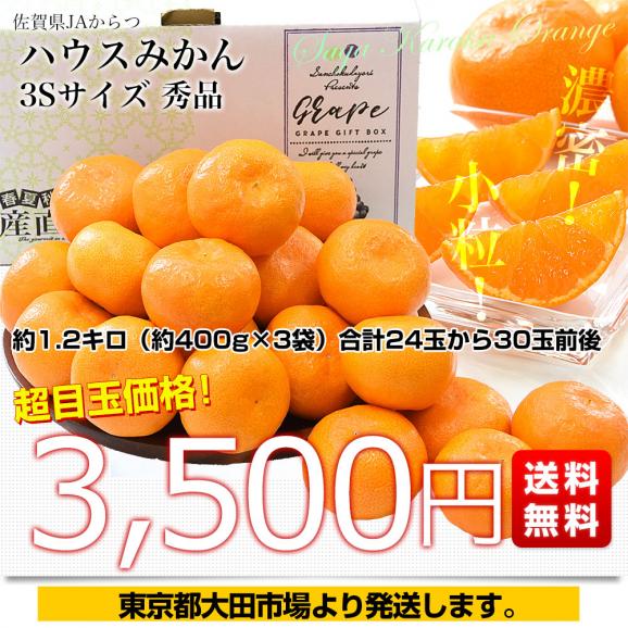 佐賀県 JAからつ ハウスみかん 小粒3Sサイズ 秀品 約1.2キロ（約400g×3袋）合計24玉から30玉前後 送料無料 蜜柑 ミカン 柑橘 ハウスミカン 唐津 小玉みかん03