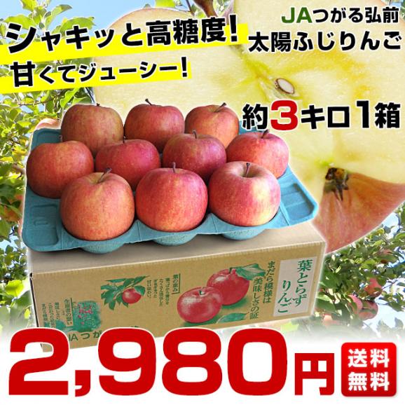 青森県から産地直送 JAつがる弘前 葉とらず太陽ふじりんご 3キロ(9玉から13玉) 糖度13度以上 林檎 リンゴ 送料無料03