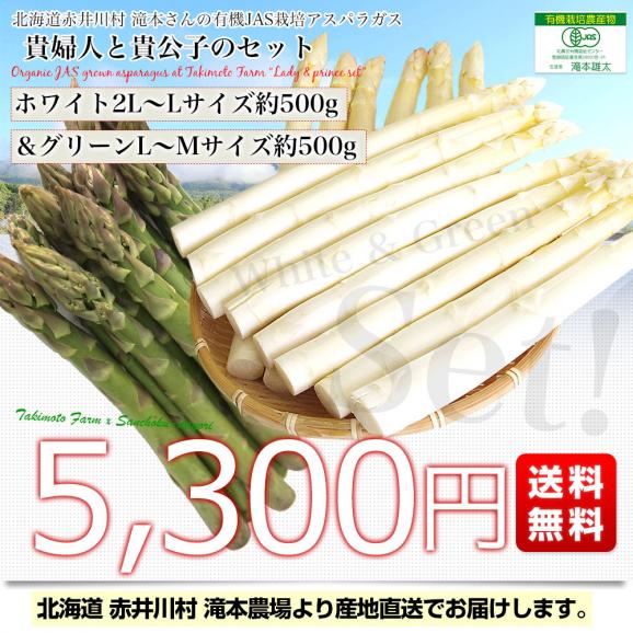 北海道より産地直送 赤井川村滝本農場 有機JAS栽培アスパラ 貴婦人と貴公子のセット  (ホワイト2LからＬ約500g×グリーンLからM約500g)  送料無料 アスパラガス03