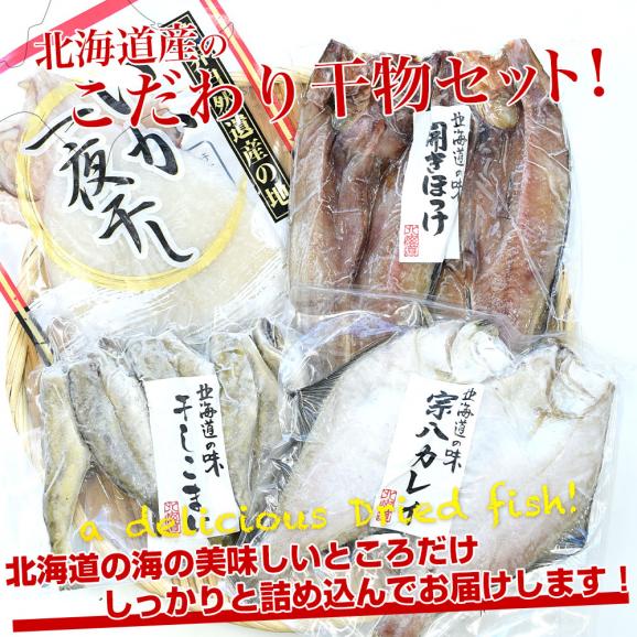 北海道産 こだわりの干物セット（4種：開き真ホッケ2枚、宗八カレイ2枚、干しコマイ8尾、開きイカ1枚）送料無料 ひものセット05
