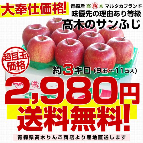 青森県より産地直送 高木商店 マルタカブランド サンふじりんご 味優先の理由あり 3キロ (9玉から11玉入) 林檎 リンゴ 津軽 弘前 送料無料03