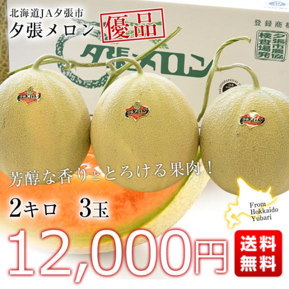 送料無料　北海道より産地直送　JA夕張市　夕張メロン　優品　3玉　（約2キロ×3玉）　ゆうばりめろん03