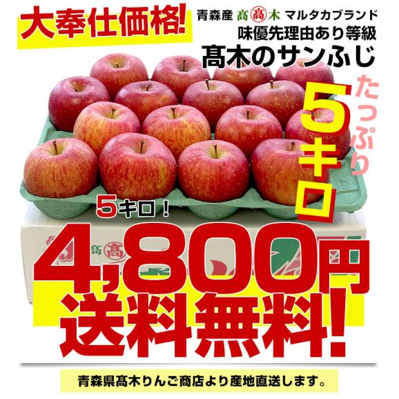青森県より産地直送 高木商店 マルタカブランド 高木のサンふじ  味優先の理由あり 5キロ (16玉から20玉入) 送料無料 林檎 リンゴ 津軽 弘前03
