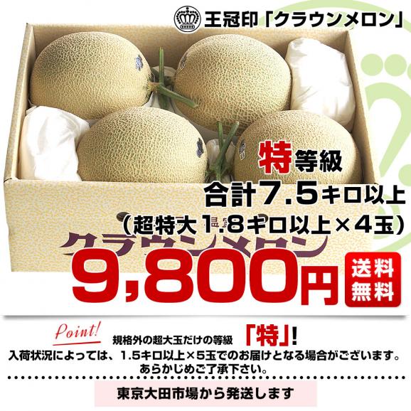 静岡県産 静岡県温室農協 クラウンメロン 特 合計7.5キロ以上（特大4玉または5玉入り）メロン めろん 市場発送商品 送料無料03