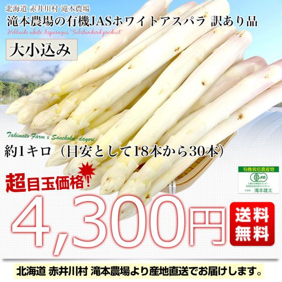 北海道より産地直送 赤井川村 滝本農場の有機JAS認定ホワイトアスパラ 訳あり 大小込み 約1キロ 送料無料 アスパラガス ※クール便発送03
