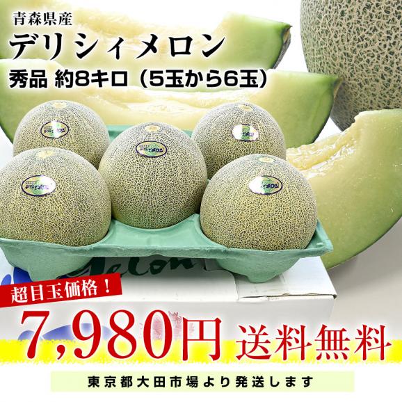青森県産 五所川原地区 大玉 デリシィメロン 秀品 合計約8キロ （5玉から6玉入り） 原体箱 メロン めろん 送料無料 市場発送03