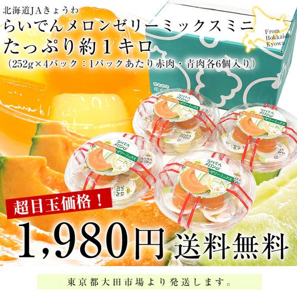 北海道産 JAきょうわ らいでんメロンゼリーミックスミニ 約1キロ（252g×4パック：1パックあたり赤肉・青肉各6個入り） 送料無料 めろん 市場発送03