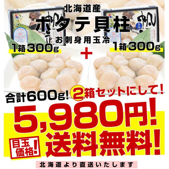 北海道より直送 北海道産 ホタテ貝柱(生食用) 2箱(300g×2)  3Sサイズ(合計 24玉から30玉前後) 送料無料 玉冷 刺身 帆立 ほたて シーフード クール冷凍便03