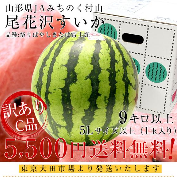 山形県産 JAみちのく村山 尾花沢すいか ＜Ｃ品＞ 大玉5Lサイズ以上 1玉 9キロ以上 送料無料　西瓜 スイカ すいか03