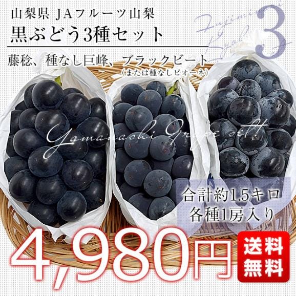 山梨県産 黒ぶどう3種セット 約1.5キロ (ブラックビート（または種無しピオーネ）、種なし巨峰、藤稔×各1房) 送料無料 ぶどう 葡萄 ぶどうセット03