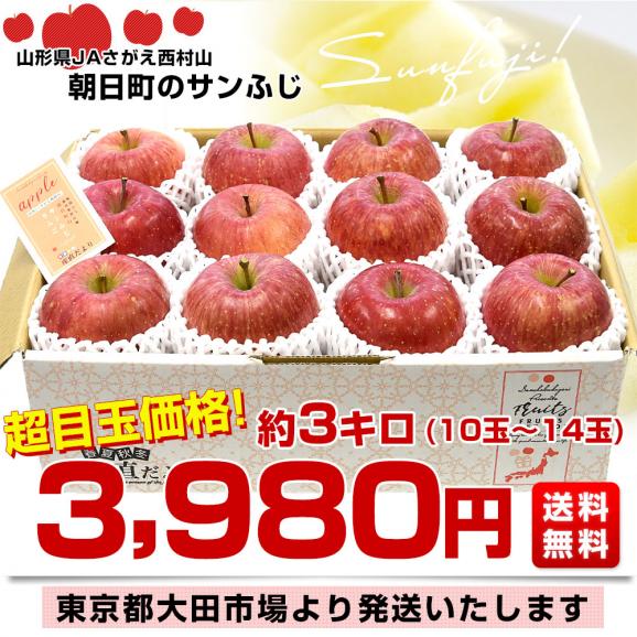 山形県産 JAさがえ西村山 朝日町のサンふじ 約3キロ (10玉から14玉) 送料無料 りんご リンゴ 林檎 市場発送03
